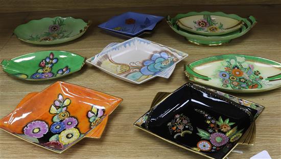 Ten Carlton ware Art Deco lozenge shaped dishes, various designs including Bell pattern